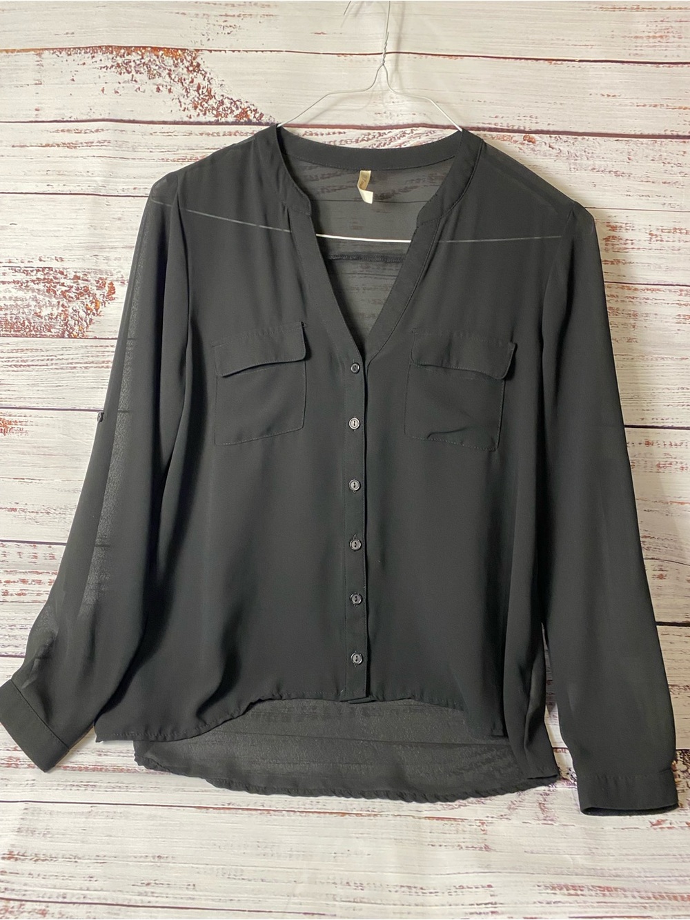 Vintage DNA couture Sheer Black V-Neck Button-Down Blouse Sz-M